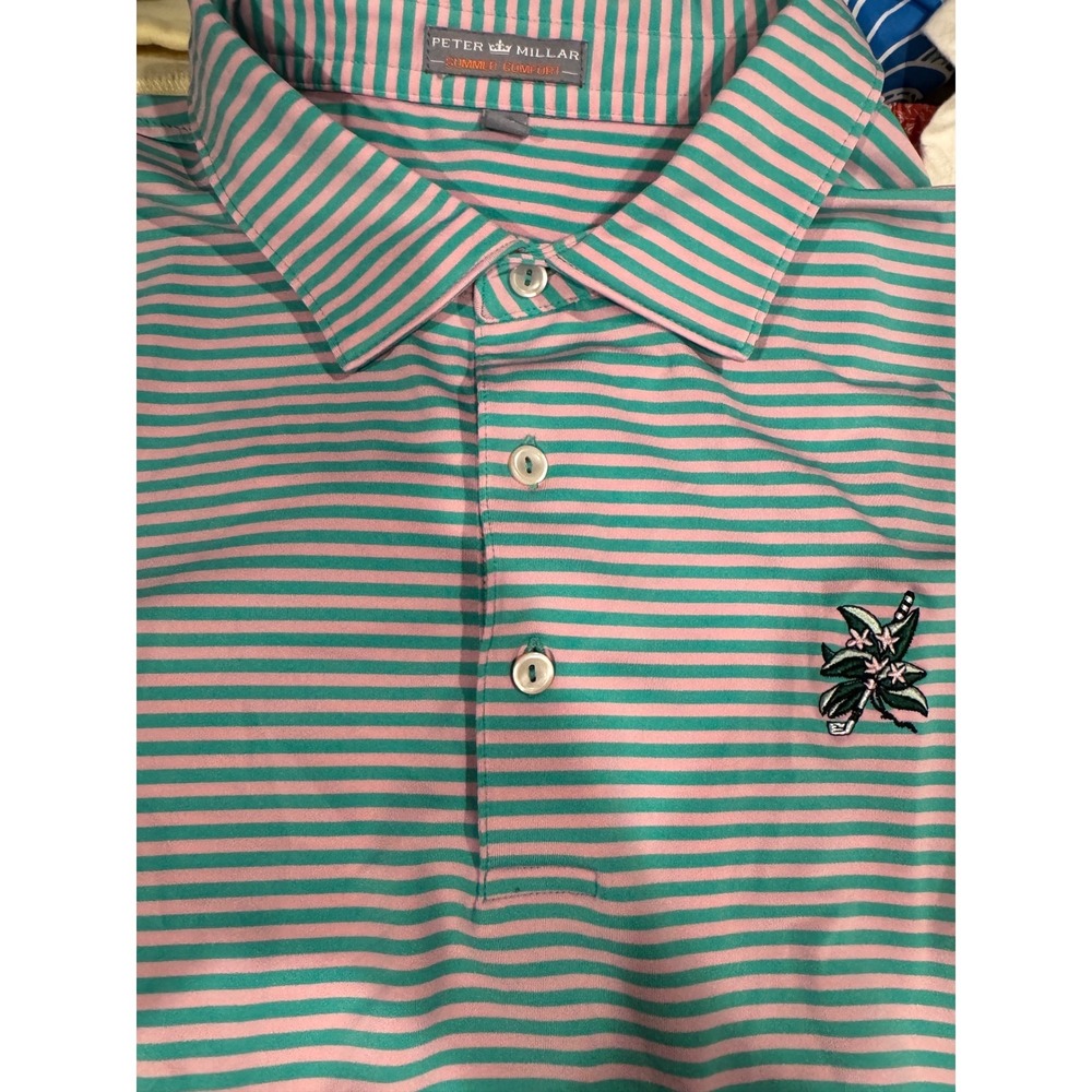 Peter Millar Summer Comfort Mens XXL Pink Green Striped Golf Polo Shirt Tropical